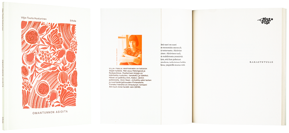 Ett omslag och en öppning av boken Omantunnon asioita.