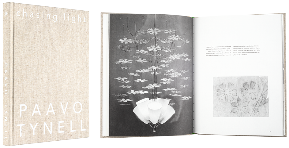 Ett omslag och en öppning av boken Chasing Light – The archival photographs and drawings of Paavo Tynell.