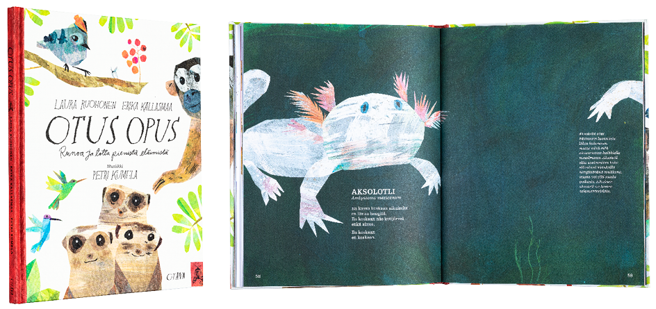 A cover and a spread of the book Otus opus – Runoa ja totta pienistä eläimistä.