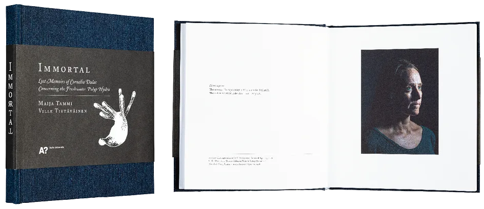 A cover and a spread of the book Immortal. Lost Memoirs of Cornelia Dulac Concerning the Freshwater Polyp Hydra.