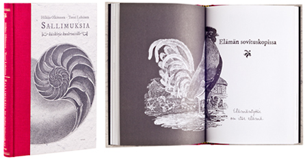 A cover and a spread of the book Sallimuksia.