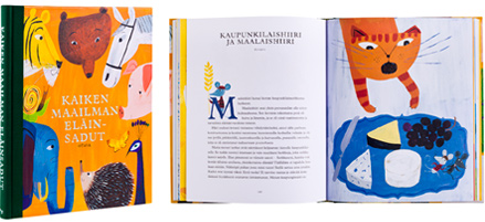 A cover and a spread of the book Kaiken maailman eläinsadut.