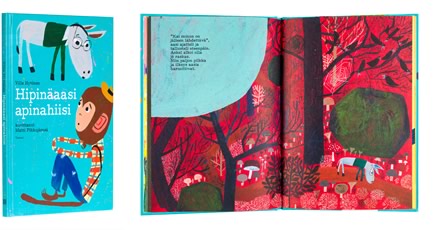 A cover and a spread of the book Hipinäaasi apinahiisi.