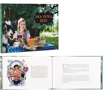 A cover and a spread of the book Aika metka retki.