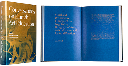 A cover and a spread of the book Conversations on Finnish Art Education.