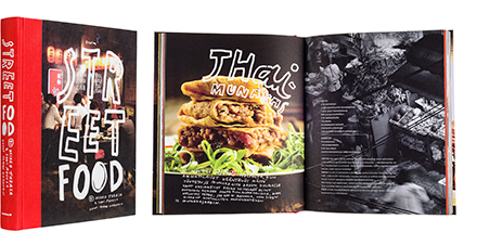 Ett omslag och en öppning av boken Street Food - Katuruokaa pallon ympäri.