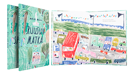 A cover and a spread of the book Ruusun matka / Rosie springer.