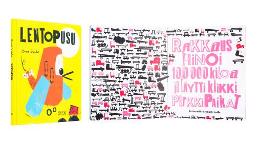 A cover and a spread of the book Lentopusu.