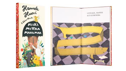 A cover and a spread of the book Hiiri mittaa maailmaa.