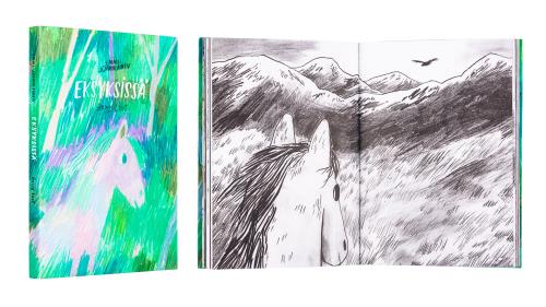 A cover and a spread of the book Eksyksissä - Being Lost.