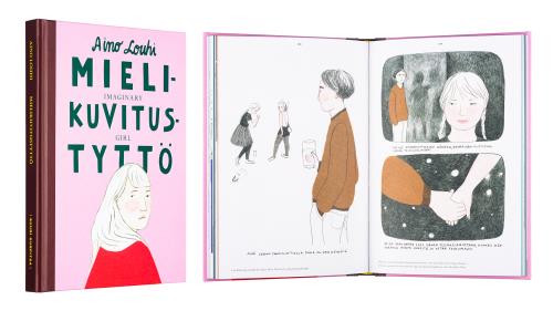 A cover and a spread of the book Mielikuvitustyttö.