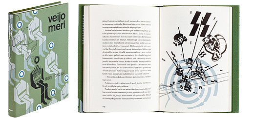 Ett omslag och en öppning av boken Manillaköysi.