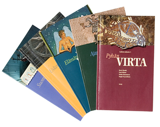 A cover and a spread of the book Lukion uskonto 1-5 (Virta-sarja).