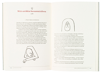 Ett omslag och en öppning av boken Pääjalkainen.
