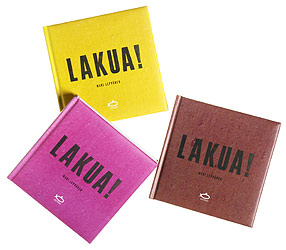 Ett omslag och en öppning av boken Lakua!.
