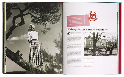 A cover and a spread of the book Asuuko neiti Töölössä? Elämää elokuvien Helsingissä.