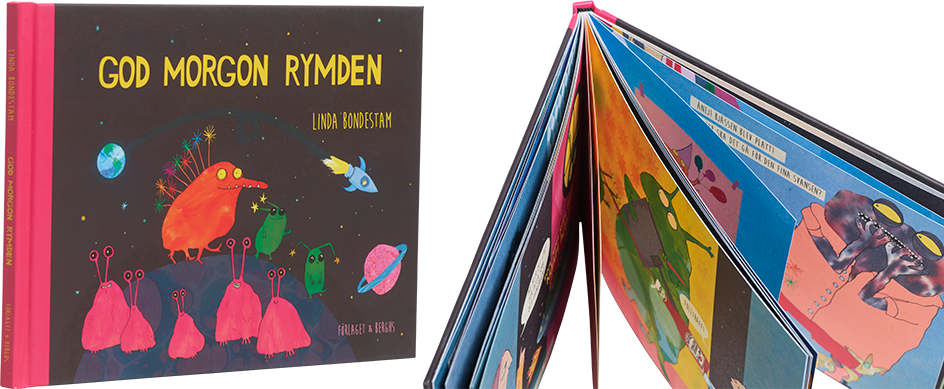 A cover and a spread of the book God morgon rymden <br />
.