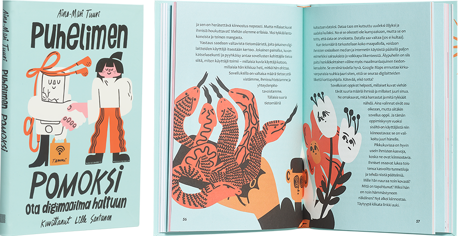 A cover and a spread of the book Puhelimen pomoksi. Ota digimaailma haltuun.