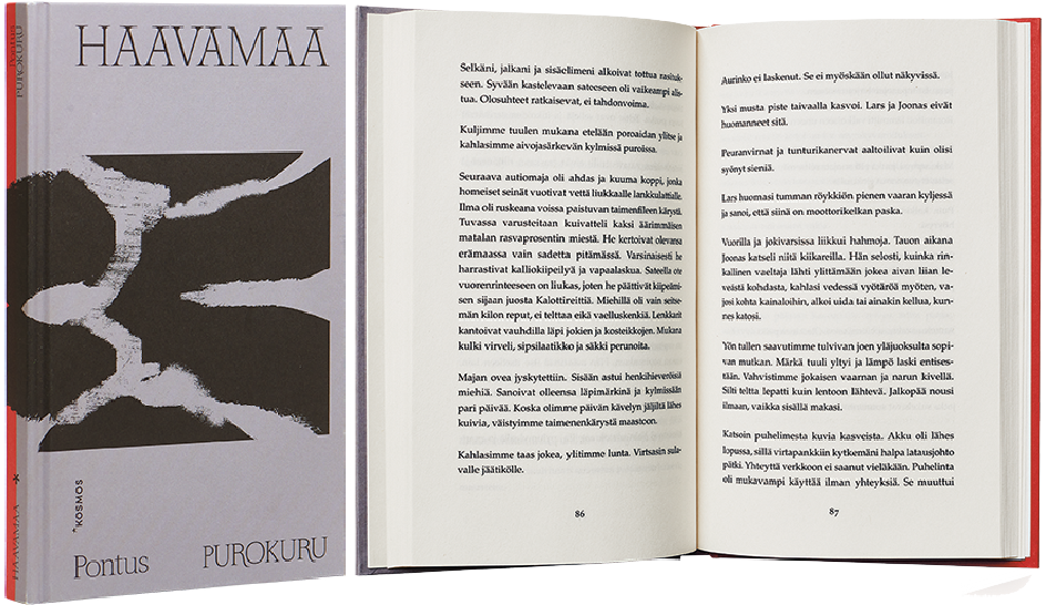 Ett omslag och en öppning av boken Haavamaa.
