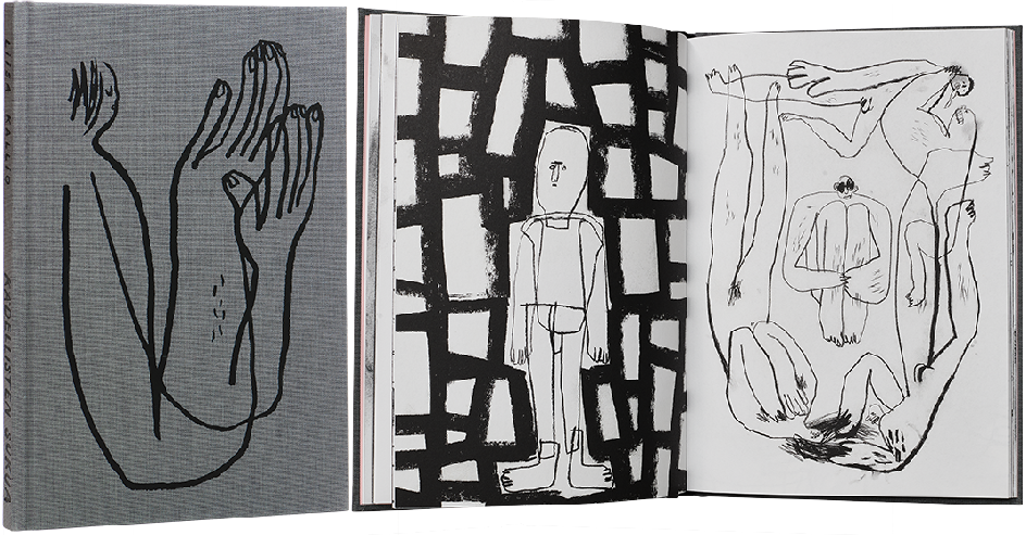 Ett omslag och en öppning av boken Kädellisten sukua – Piirroksia ihmisyydestä, Humanity in Drawings.