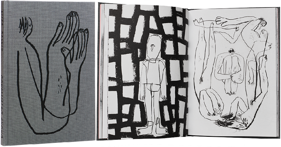 A cover and a spread of the book Kädellisten sukua – Piirroksia ihmisyydestä, Humanity in Drawings.