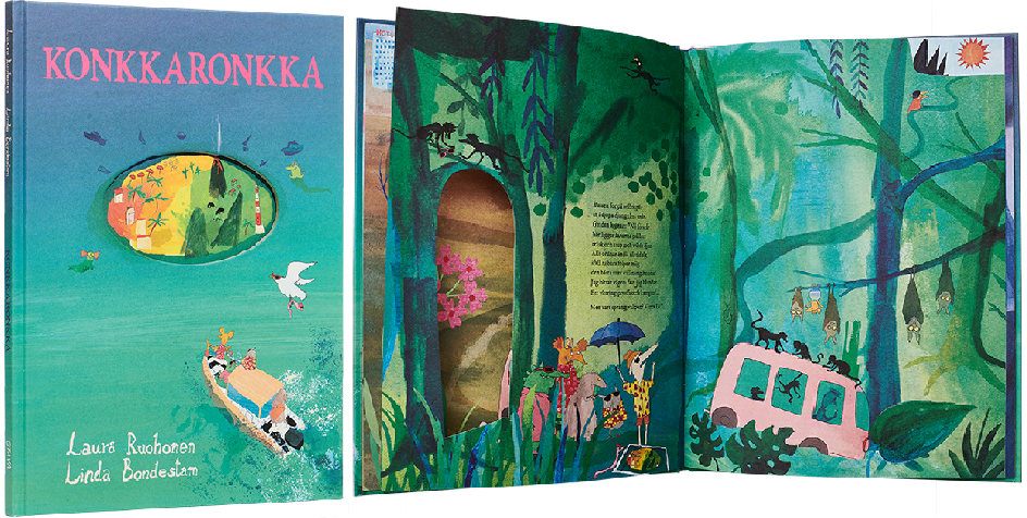 Ett omslag och en öppning av boken Hela konkarongen / Konkkaronkka .