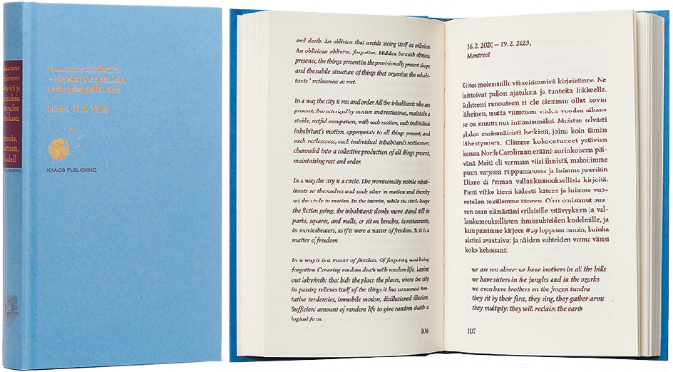 A cover and a spread of the book Kuulumme toisillemme – kirjeitä ja kirjoituksia ystävyyden politiikasta.