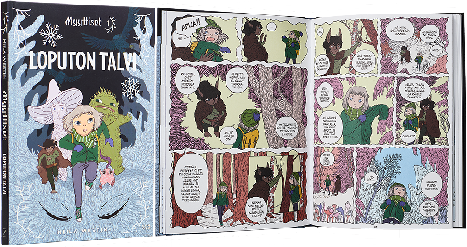 A cover and a spread of the book Loputon talvi. Myyttiset 1 .