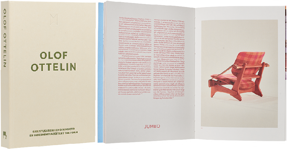 Ett omslag och en öppning av boken Olof Ottelin. Sisustusarkkitehdin muoto. En inredningsarkitekt tar form .