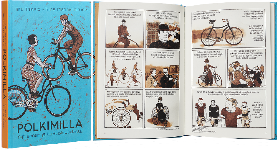 A cover and a spread of the book Polkimilla – nyt, ennen ja tulevaisuudessa .
