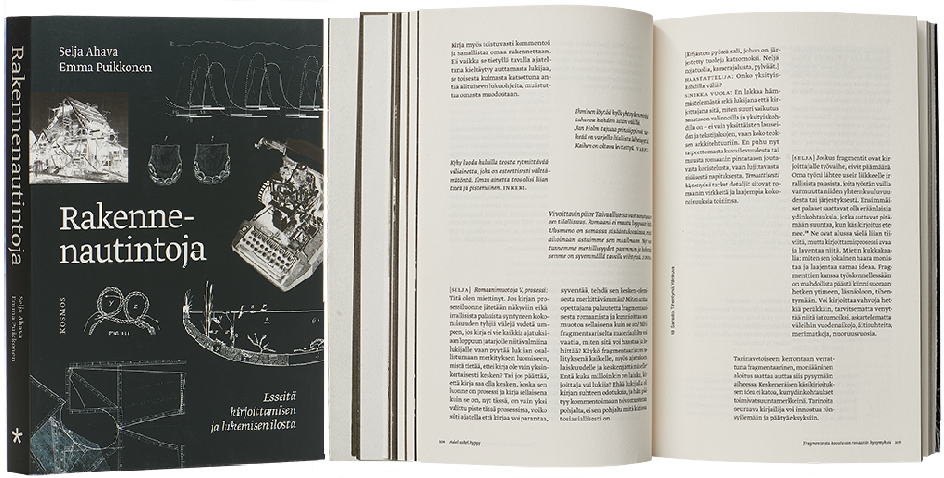 A cover and a spread of the book Rakennenautintoja. Esseitä kirjoittamisen ja lukemisen ilosta.