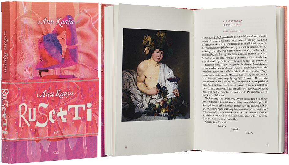 Ett omslag och en öppning av boken Rusetti.
