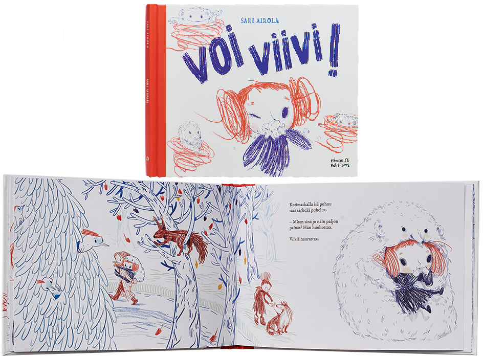 Ett omslag och en öppning av boken Voi Viivi!.