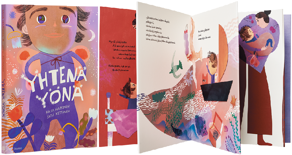 A cover and a spread of the book Yhtenä yönä.