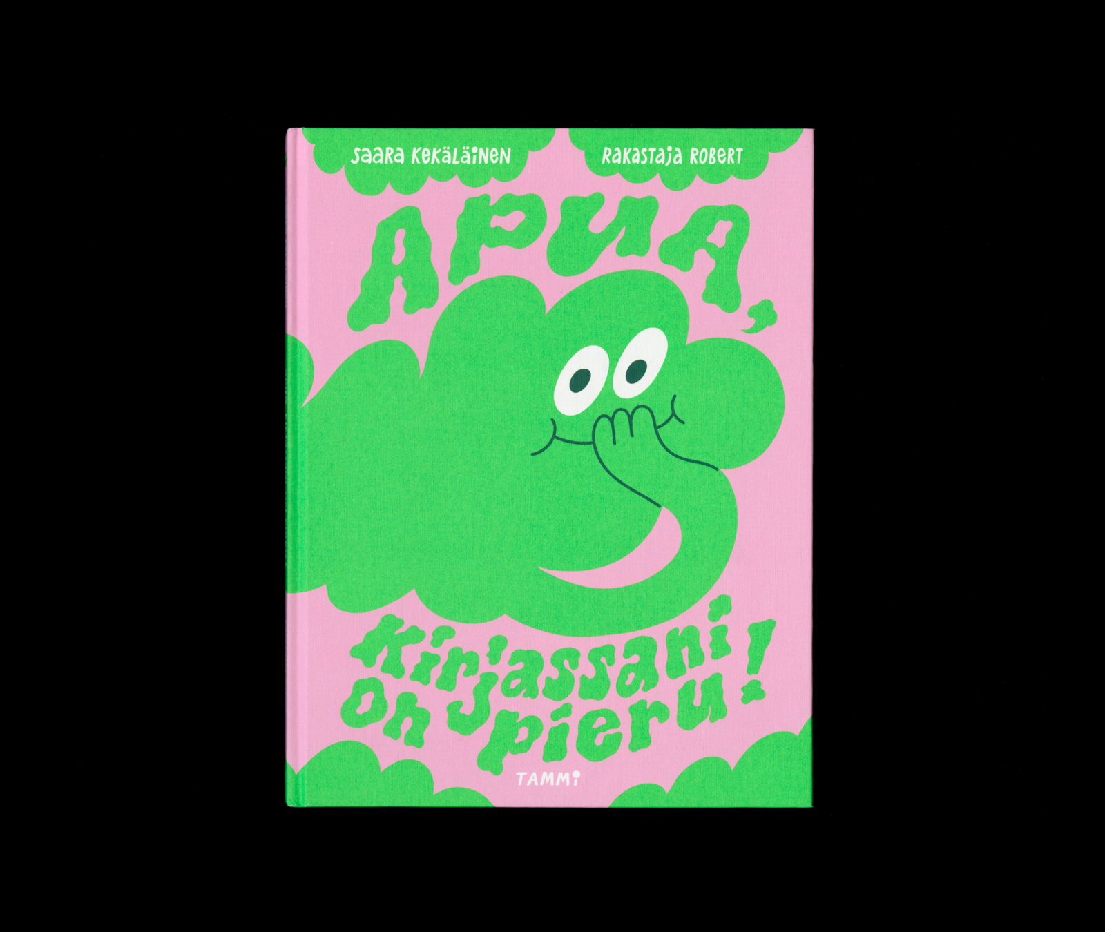 Kansi ja aukeama kirjasta Apua, kirjassani on pieru <br />
.