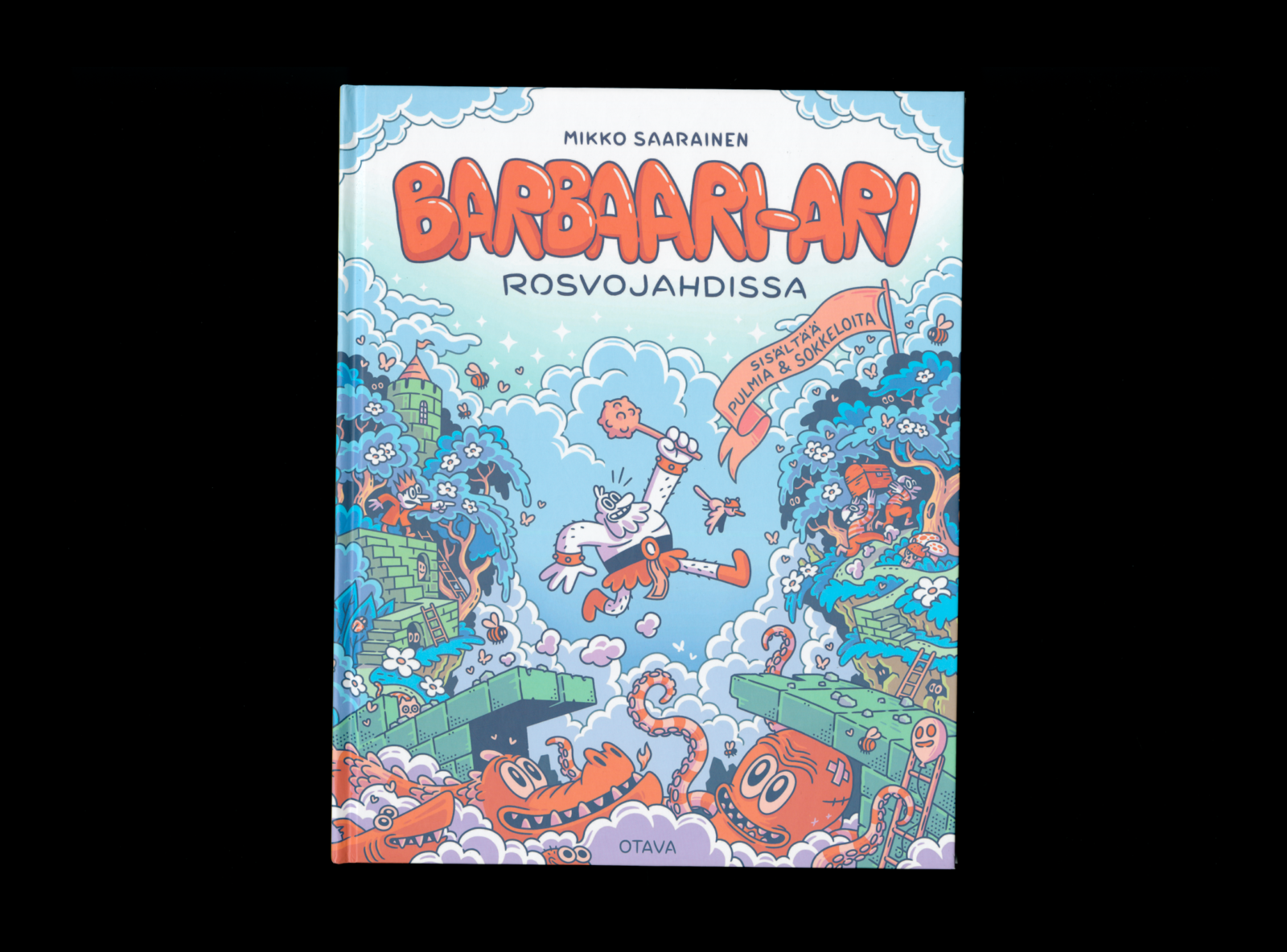 Kansi ja aukeama kirjasta Barbaari-Ari rosvojahdissa.